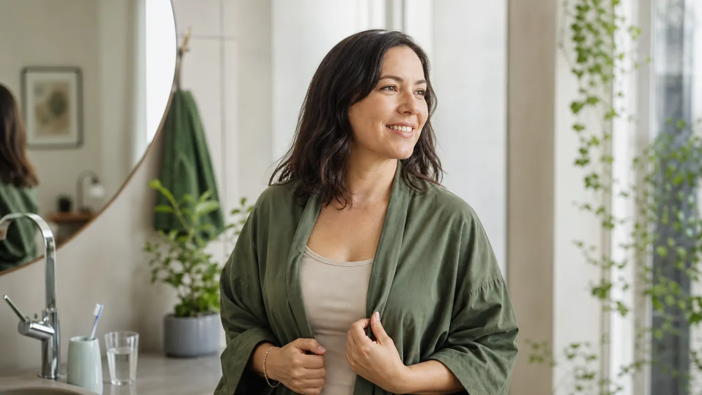 Adult preparing a grounded morning self-care routine in a bright home