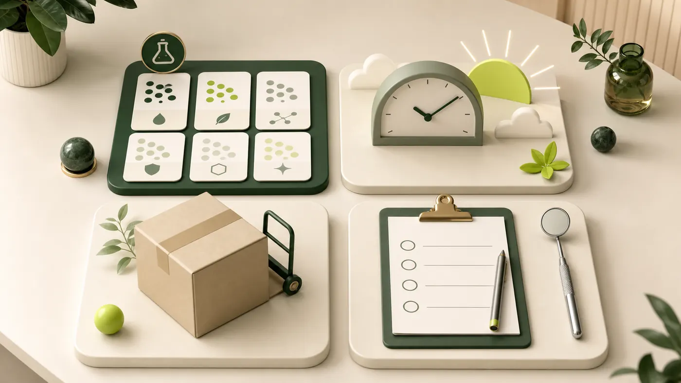 Visual buying checklist representing formula, routine, checkout terms and professional advice