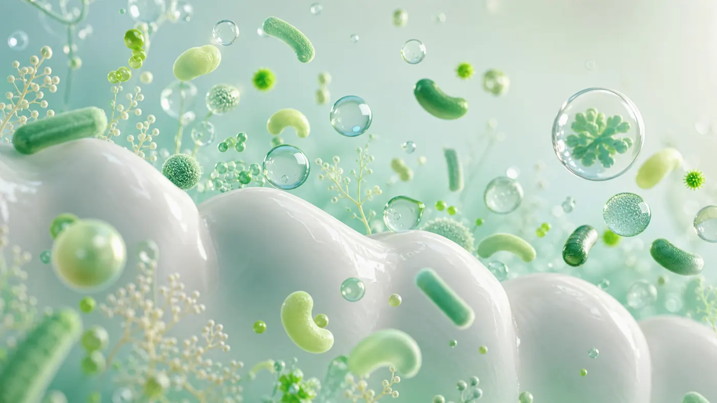 Abstract editorial illustration of probiotic-inspired forms around an enamel-like surface