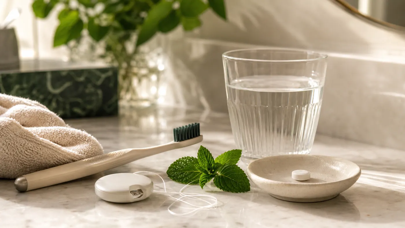 Toothbrush, floss, water and one plain chewable arranged for a morning oral-care routine